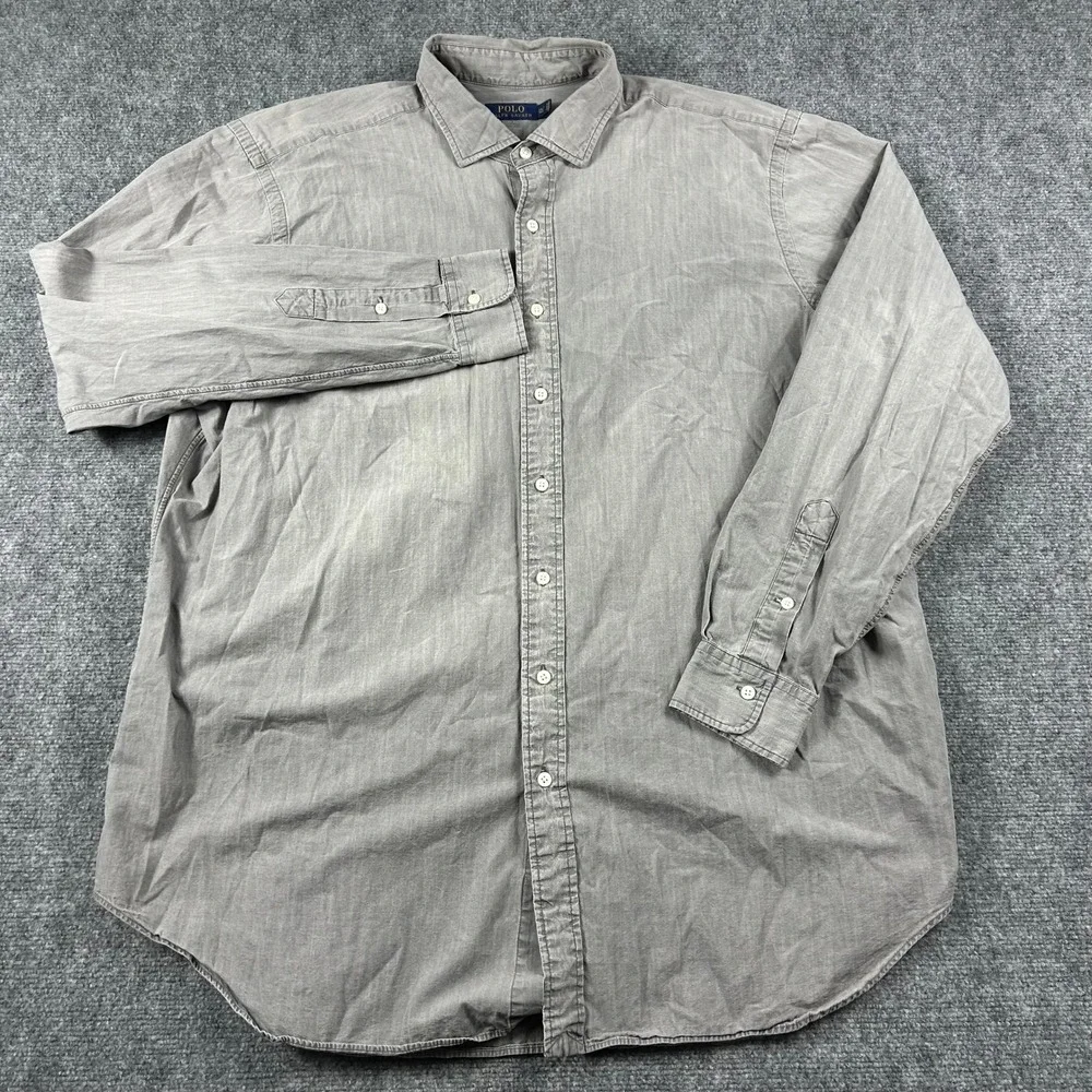 Polo Ralph Lauren Button Down Mens 2XLT Grey Cotton Long Sleeve RL Logo Shirt